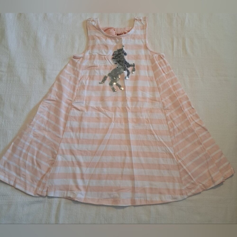 Tommy Bahama girls size 6 peach & white stripe with sequin unicorn, EUC